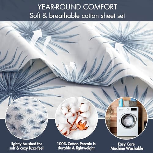 Image of Madison Park 100% Cotton Sheets, Full Size, 200TC, Blue Palmetto, 4 Piece | Breathable & Soft Sheet Set, Printed Design, All Season Comfort, Elastic Deep Pocket Fits Up to 17 inch Mattress, OEKO-TEX