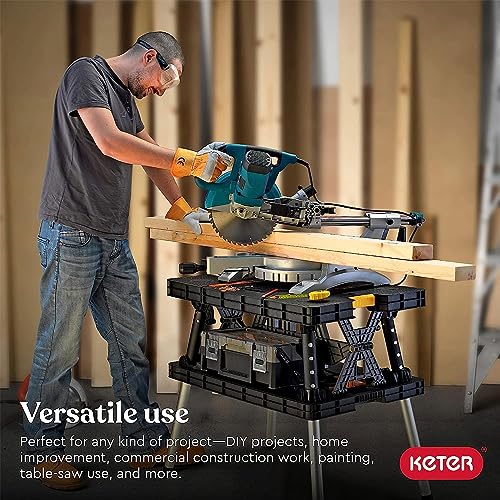 Keter Folding Work Table, Portable Workbench w/ 12' Clamps for Garage/Wood Shop - Heavy-Duty and All-Weather for DIY Home Improvements and Worksites