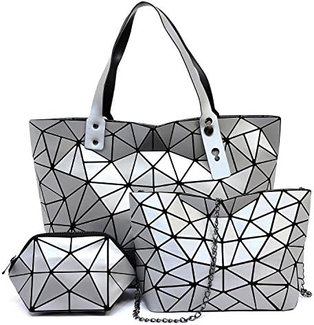 Bagblaze 3 in 1 Women's Fashion Geometric Lattice Tote Glossy PU Leather Shoulder Bag Top-handle Handbags