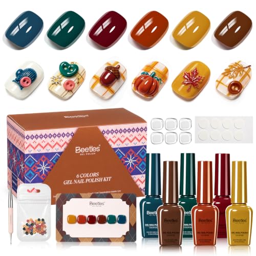 Image of Beetles Fall Gel Nail Polish Set - Vintage Wilds, 6 Colors Fall Gel Polish Set | Fall Nail Art with 2-In-1 Nail Art Pen, Button, Color Card, Soak-Off UV LED, Long-Lasting for Salon, DIY & Holiday Manicures