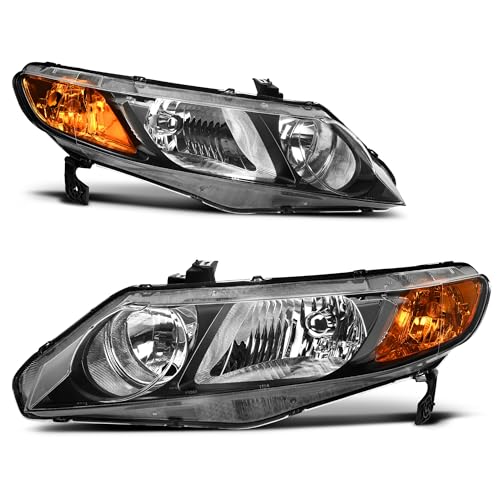 Image of OEDRO Headlight Assembly Compatible with 2006-2011 Civic 4-Door, Headlamp with Black Housing Amber Reflector, Clear Lens
