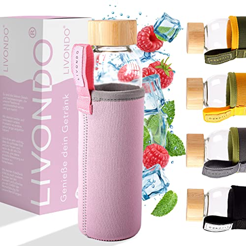 LIVONDO Trinkflasche aus Glas 0,5 lt. mit Bambusdeckel und Neoprenschutzhülle | Schadstoff geprüft | Geschirrspüler geeignet | auslaufsicher | umweltfreundlich (Liebe - Piruette) Cover