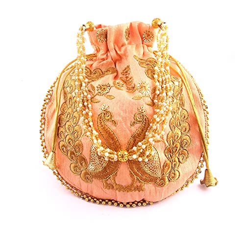 Indian Handicraft Women's Silk Ethnic Rajasthani Potli Bag , Baby Pink