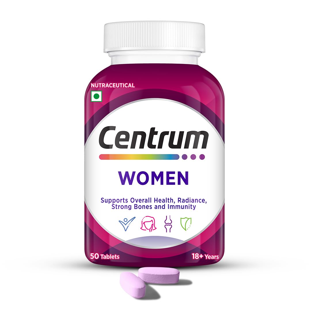 Centrum Women, World'S No.1 Multivitamin With Biotin, Vitamin C & 21 Vital Nutrients For Overall Health, Radiance, Strong Bones & Immunity (Veg) Pack Of 50 Tablets, 73 Grams, 50 Servings
