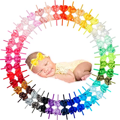 Image of CÉLLOT 40 Colors 3Inch Super Soft Ribbon Bow Nylon Headbands for Baby Girls | Breathable Hairband | for Infants preemie and Newborn Kids Hair Accessories