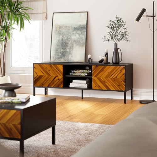 Image of Bme Vivian TV Stand, 59 Inch Media Console Table with Herringbone Pattern Doors, Solid Wood & Metal Frame, Rustic Golden Brown - Retro-Inspired Modern TV Console for Living Room, Entertainment Center