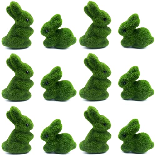 YGbridge Moss Easter Bunny Home Decor 12 Pcs Artificial Green Moss Rabbit for Easter Decoration Small Flocked Bunny Figurines for Spring Table Decor (12)