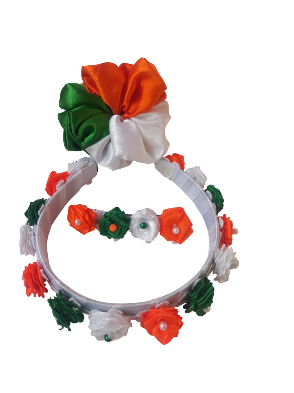 Tricolor Floral Hair Band with Satin Roses(Hairband, Back Clip, Scrunchie)3 Pcs set-image-29