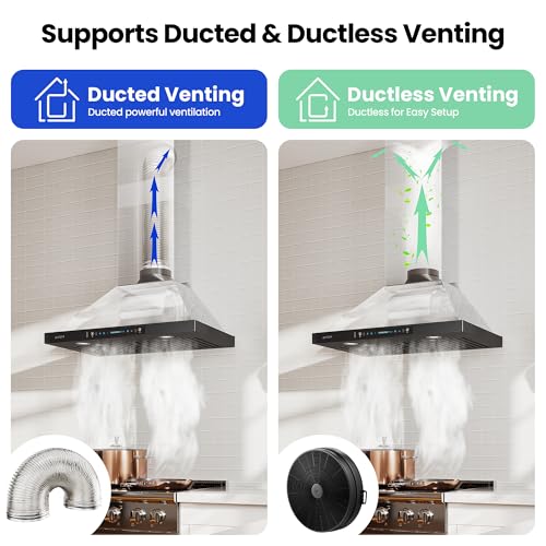 Image of IKTCH 30 inch Black Wall Mount Range Hood, 900 CFM Ducted /Ductless Stainless Steel Vent Hood with Gesture Sensing & Touch Control Switch Panel, 2 Pcs Adjustable Lights