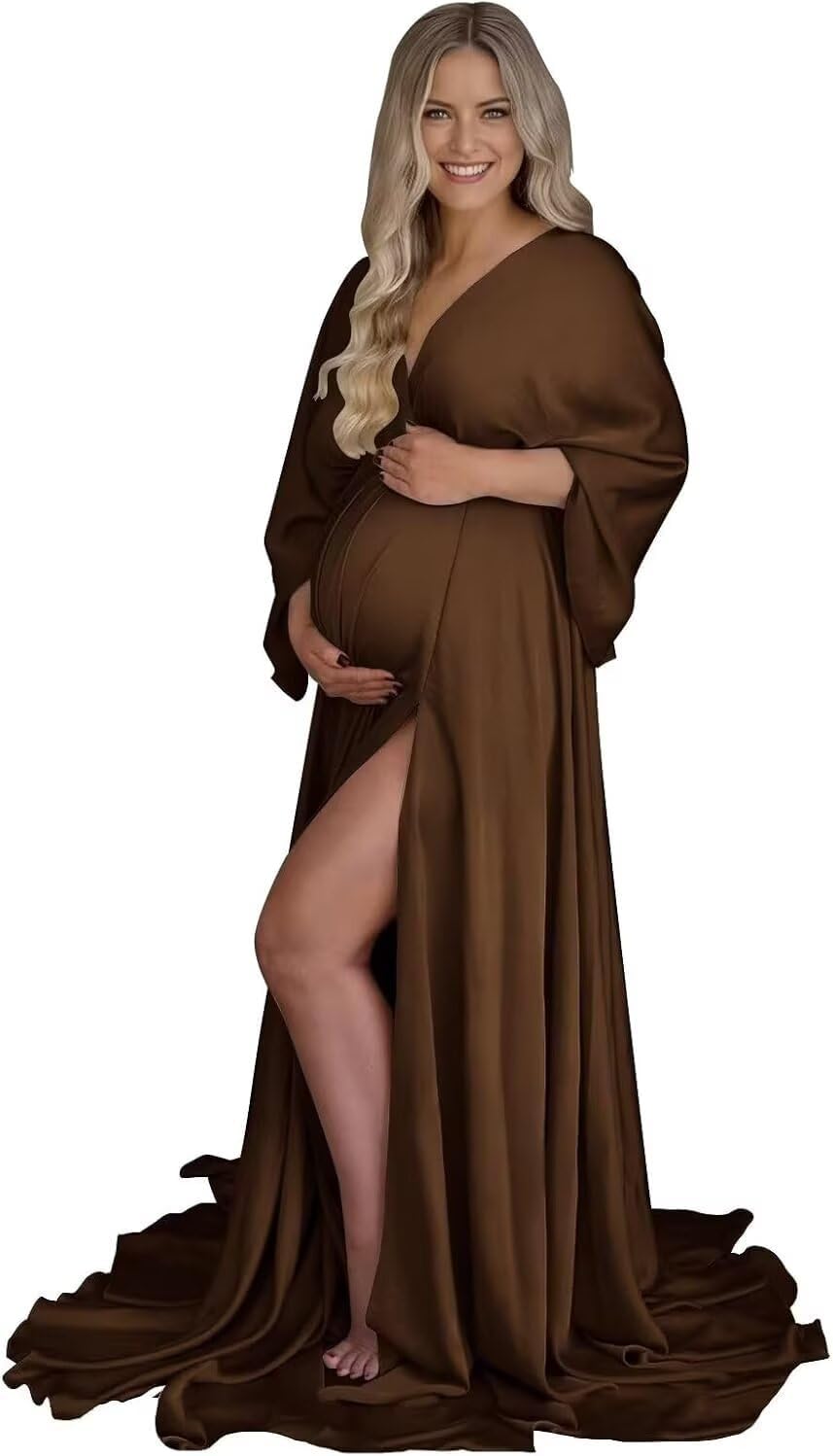 Plus Size Fall Maternity Dress Long Sleeve Baby Shower Dress Satin V Neck Brown Pregnancy Maternity Gown for Photoshoot,XXL