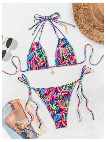 Women's Two Piece Boho Graphic String Bikini Sets Graphic Halter Neck Bathing Suit Tie Side Swimsuit3