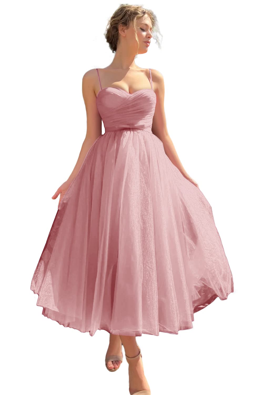 Sevintage Spaghetti Straps Tulle Prom Dress Tea Length Formal Party Evening Dress with Pockets