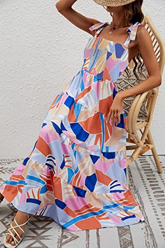 Image of kinstell Women's Summer Boho Spaghetti Strap Square Neck Ruffle Casual Flowy Long Dress Beach Swing Party Maxi Dress