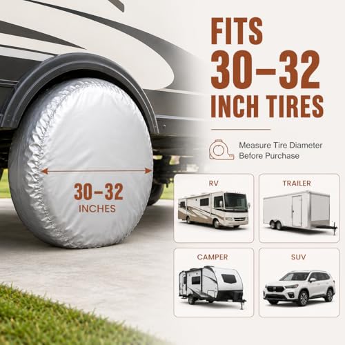 Image of Tire Covers 4 Pack, 30-32 Inch Waterproof Tire Covers for RV Camper Trailer | Protect RV tires from sun damage, cracking, dust, and weather during storage with durable covers featuring secure straps