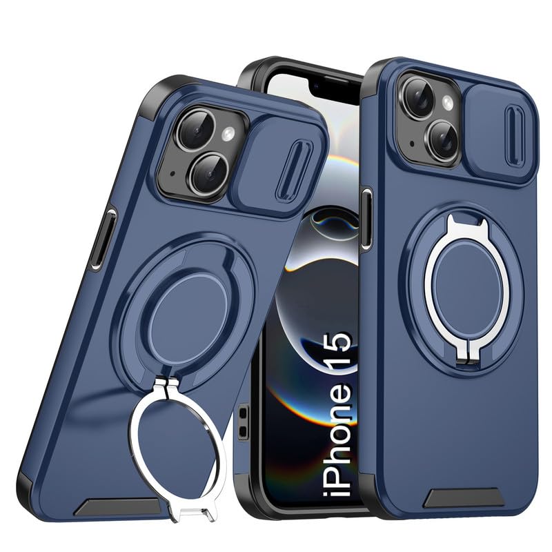 Image of LuxuryKase Shockproof Rugged Case for iPhone 15 | Slide Camera Cover | 360 Rotating Ring Kickstand | Military-Grade Protection - Navy Blue