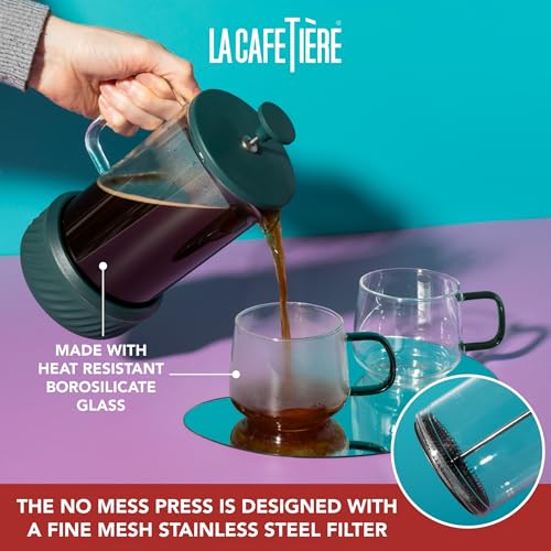 La Cafetière Zero 8 Cup Green Colour Cafetière and Mug Set, No Mess Coffee French Press Heat Resistant With Glass Handle and Removable Silicone Base, Easy To Clean, Gift Idea for Coffee Lovers