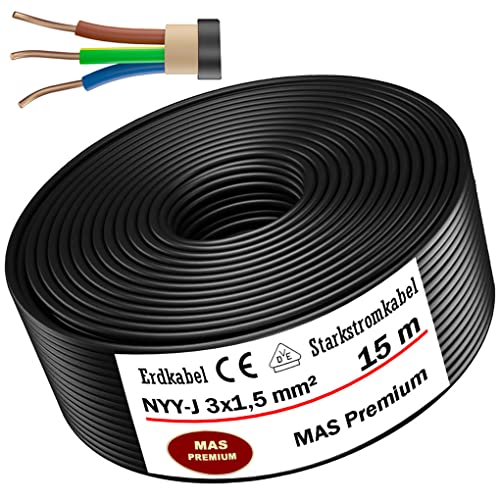 MAS Premium 5-170m NYY-J 3x1,5 2,5 4 6 10 16 oder 5x1,5 2,5 4 6 10 16 Erdkabel Starkstromkabel Elektrokabel Ring zur Verlegung im Freien Erdreich (NYY-J 3x1,5 mm², 15m)