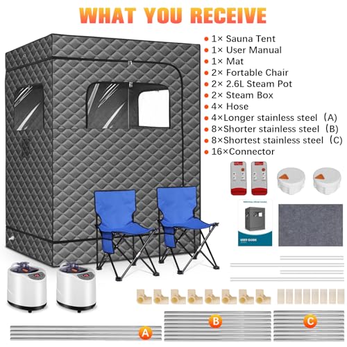2 Person Portable Steam Sauna for Home, Extra Large Sauna Box for Relaxation, Detoxification, 2 Steamer, 2 Foldable Chair & Remote Control, Grey - Thumbnail 6