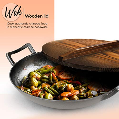 Nutrichef Pre-Seasoned Cast Pan-5.8 Qt Heavy Duty Non-Stick Iron Chinese Wok Or Stir Fry Skillet W/Wooden Lid, For Electric Stove Top, Induction, Large, Black #TOP1
