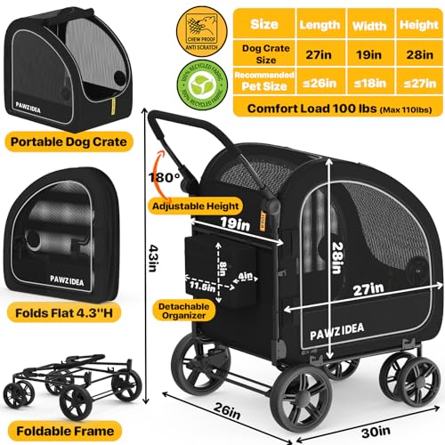 Image of PAWZIDEA 3-in-1 Dog Stroller for Large Dogs with Detachable Carrier up to 100lb, 45% Extra Tall Dog Car Crate Sit Upright, Foldable Pet Stroller for 2 Medium Dogs All-Terrain Jogger, Adjustable Handle