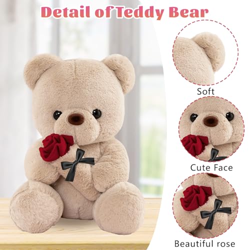 LIHIQIYA Teddybär mit Rose, Muttertagsgeschenke für Mama, 25cm Süße Kuscheltier Teddy Rosen Teddy Bear Plüsch-Bär Teddybären Plüschtier Jahrestag Geburtstag Muttertag für Mutter Mama Frauen Freundin