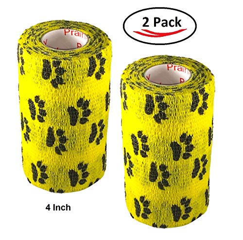 Image of Vet Wrap Wrap Tape (Yellow with Paw Prints) (2 Pack) (4 Inch x 15 feet) Self Adhesive Adherent Adhering Cohesive Flex Self Stick Bandage Grip Roll Dog Cat Pet Horse