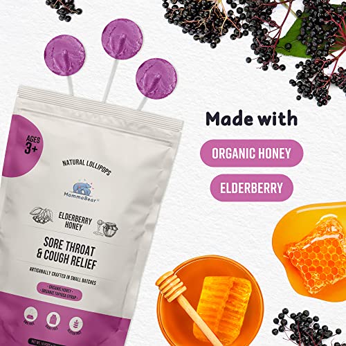 Mommabear Organic All-Natural Sore Throat Relief And Cough Drop Lollipops For Kids | Throat Soothing Lollipop Suckers With Honey & Elderberry Powder Flavor Pops For Toddlers 3+ | 10 Count Pack #TOP2
