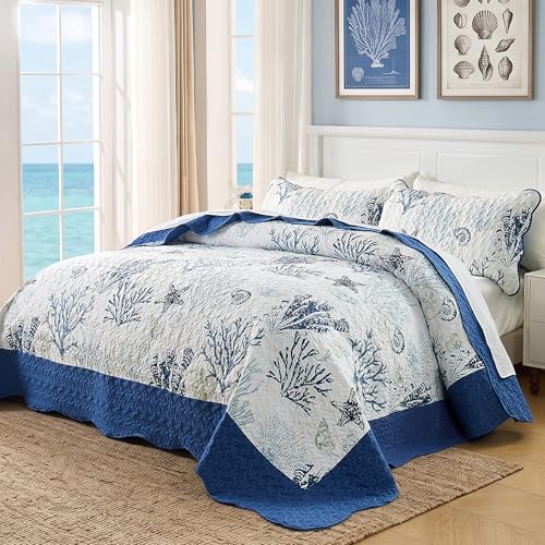 Qucover Coastal California King Quilt 118"x106", Ocean Beach Themed Bedding Set with Pillowcase, Soft Lightweight Reversible Microfiber Nautical Coverlet, Oversized King Bedspread for Summer,Navy Blue by Qucover - Used condition - Image 2