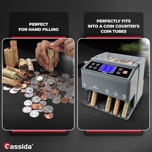 Image of Cassida Preformed Coin Roll Wrappers. 100 Assorted Pack (Penny, Nickel, Dime, Quarter) Durable Preformed Paper Tubes Crimped on One End - Federal Reserve and ABA Standards (A-CWAP)
