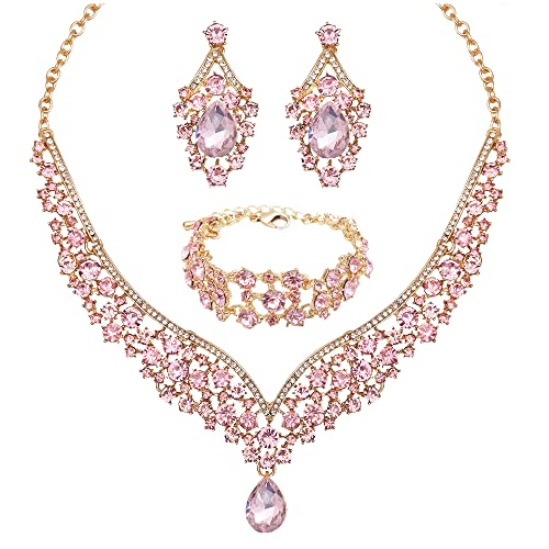 Women's Statement Necklace Earrings Link Bracelet Set for Bride Austrian Crystal Wedding Bridal Costume Jewelry Sets