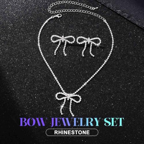 JAKAWIN Rhinestone Bow Necklace and Earrings Set Silver Sparkly Crystal Bowknot Jewelry Set Dressy Prom Wedding Necklaces Chain for Women2