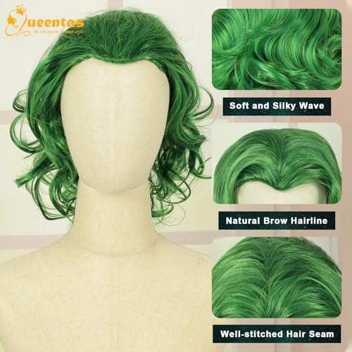 Image of QUEENTAS Short Green Wig for Men Clown Wigs for Men 70s 80s Mens Cosplay Halloween Costume Wig