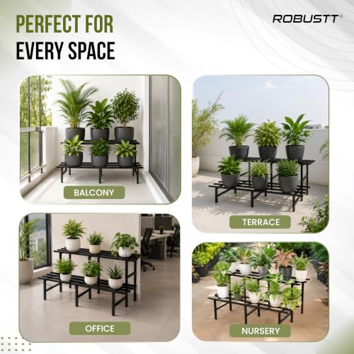 Image of Robustt 2 Tier Metal Plant Stand | Heavy-Duty Plant Rack with Powder-Coated Metal Frame | Stable 6-Leg Design | Supports Up to 300 kg | Convertible Plant Stand for Balcony, Garden & Office