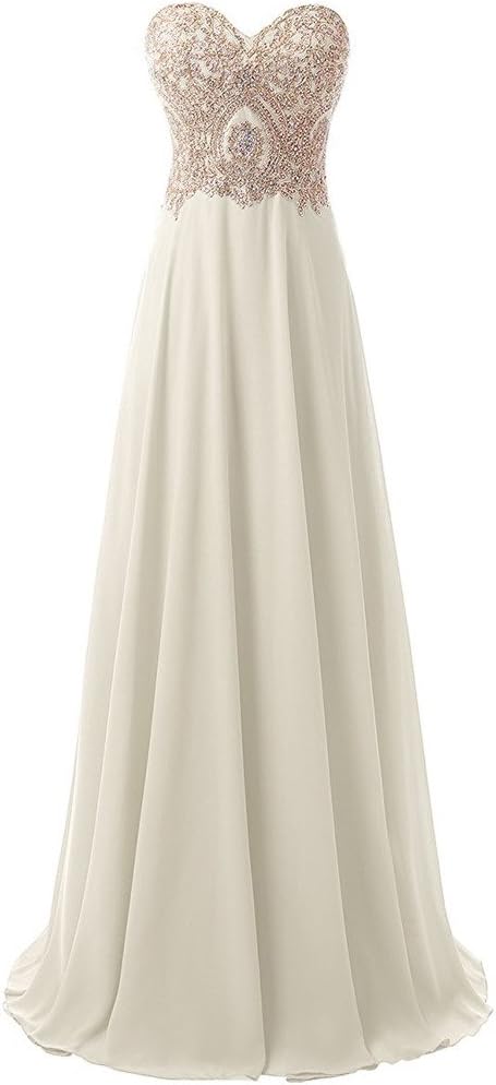 KivarySweetheart Gold Lace Crystals Long A Line Beaded Formal Prom Evening Dresses