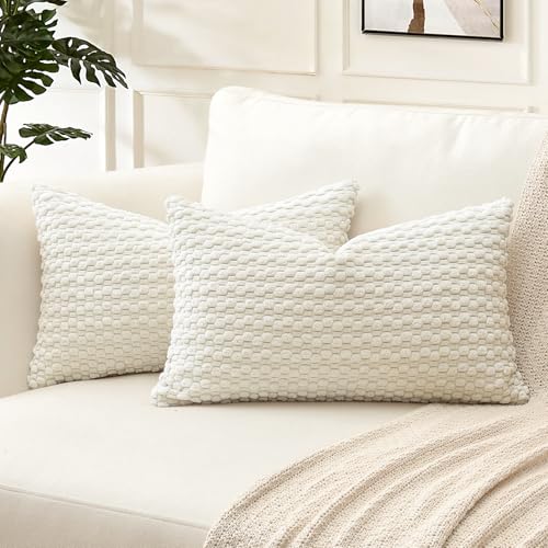 Artscope Pom Poms Decorative Corduroy Cushion Covers 30x50cm Super Soft Boho Striped Lumbar Pillow Covers Case Geometric for Sofa Couch Bedroom Car Decor Set of 2, Cream Beige
