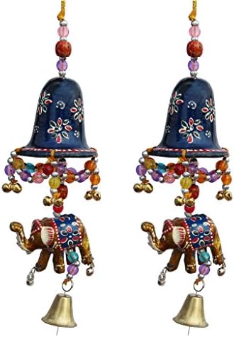 Door Hanging Blue Painted Bell with Jhalar Golden Elephant with Metal Bell Set of 2