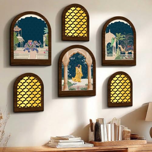Image of Jharokha MDF Mirror for Home Decor | MDF Traditional Mirrors for Home Decoration | Wall Mirror Decor Hanging for Living Room Bedroom Office Set of 6 (9x12 inch & 7.5x9.5 inch)