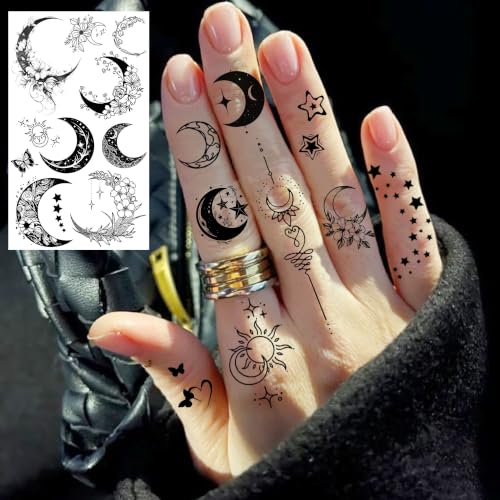 Image of Bilizar 20 Sheets Chic Crescent Moon Temporary Tattoos For Women Adults Finger Hand Neck Ear Tattoo Sticker, Realistic Black Floral Crescent Pendant Fake Jewelry Tattoos Long Lasting Waterproof Tatoos
