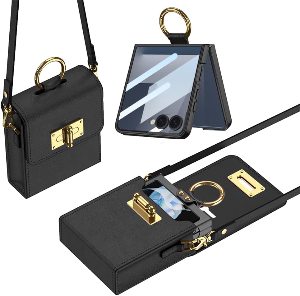 Folding Phone Case for Samsung Galaxy Z Flip 7,with Cross-Body Chain Leather Bag, Adjustable Strap - Stylish and Versatile Accessory Black