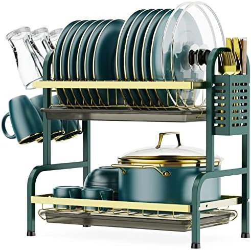 iSPECLE Dish Drying Rack, 2 Tier Dish Rack with Cup Holder, Dish Drainer with Drainboard and Utensil Holder Large Capacity for Kitchen Countertop Saving Space (Dark Green)