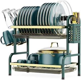 iSPECLE Dish Drying Rack, 2 Tier Dish Rack with Cup Holder, Dish Drainer with Drainboard and Utensil Holder Large Capacity for Kitchen Countertop Saving Space (Dark Green)