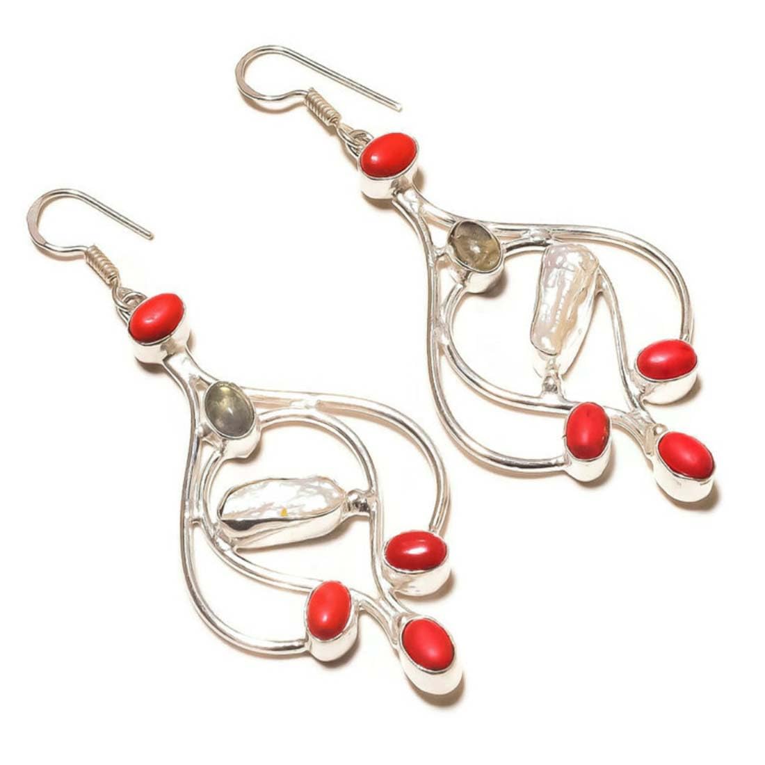 GenericRed Coral, Labradorite, White Biwa Pearl Gemstone Handmade Drop Dangle Earrings for Women, Stone, Coral Pearl Labradorite