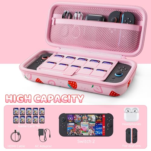 Image of PAWDIARY for Nintendo Switch 2(2025) Pink Carrying Case Protector, Girly Strawberry Switch 2 Travel Bag with 10 Game Card Slots, Adjustable Shoulder Strap, Cute Large Capacity Accessories Storage