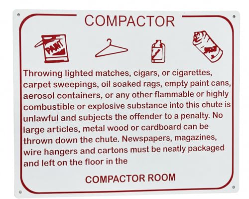 Compactor Room Sign - 8 x 10 Inch Aluminum Notice Sign for Trash Chute Rooms - Pre-Drilled for Easy Mounting - For Apartments, Condos & Commercial Buildings