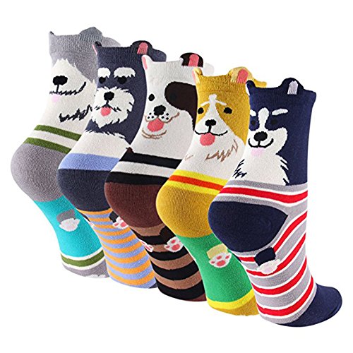 Pack Of 5 Sweet Animal Design Women's Casual Comfortable Cotton Crew Socks, Style 1, One Size (5-8.5) #TOP3