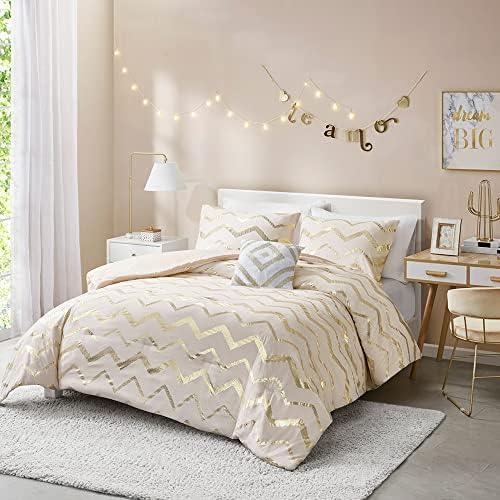 Codi Cream and Gold King Size Comforter Set, Ivory and Metallic Print Bed Sets, 4 Piece (2 Matching Sham + 1 Decorative Pillow)