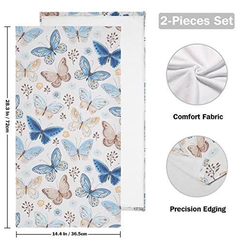 Shustary 2 Pack Butterfly Hand Towels For Bathroom,Teal Blue And Yellow Vintage Butterflies And Flowers Soft Absorbent Kitchen Dish Towels Decorative Hand Bath Towels For Shower,Face,Gym,Spa 14"X28" #TOP1