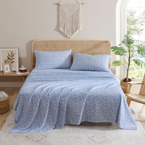 Indigo Ink - Sábanas de Cama Queen, Ropa de Cama de Franela de algodón con Fundas de Almohada a Juego, Juego de Cama Floral ultrasuave, Peso Medio para Uso Durante Todo el año, Certificado Oeko-Tex
