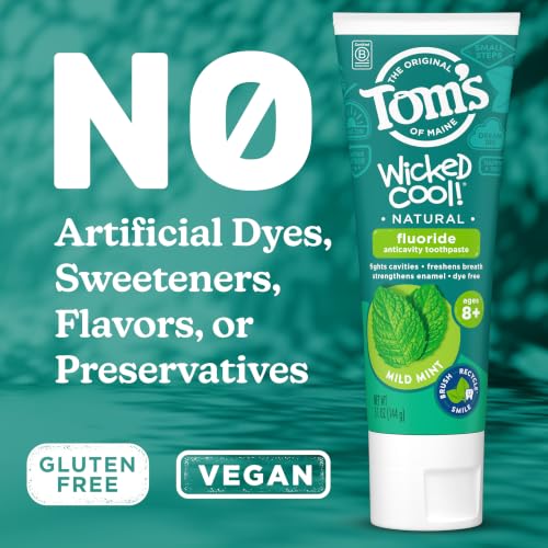 Image of Tom's of Maine Wicked Cool Kids Fluoride Toothpaste, Mild Mint, 3pk, 5.1 oz | Bulk Pack, For Children Ages 8+, Natural Kids Anticavity Toothpaste, Fights Cavities, Strengthens Enamel, Freshens Breath