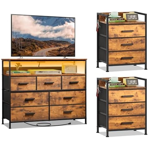 NASHZEN 7 Drawer TV Stand with LED Lights and 3 Drawer Nightstand Cover